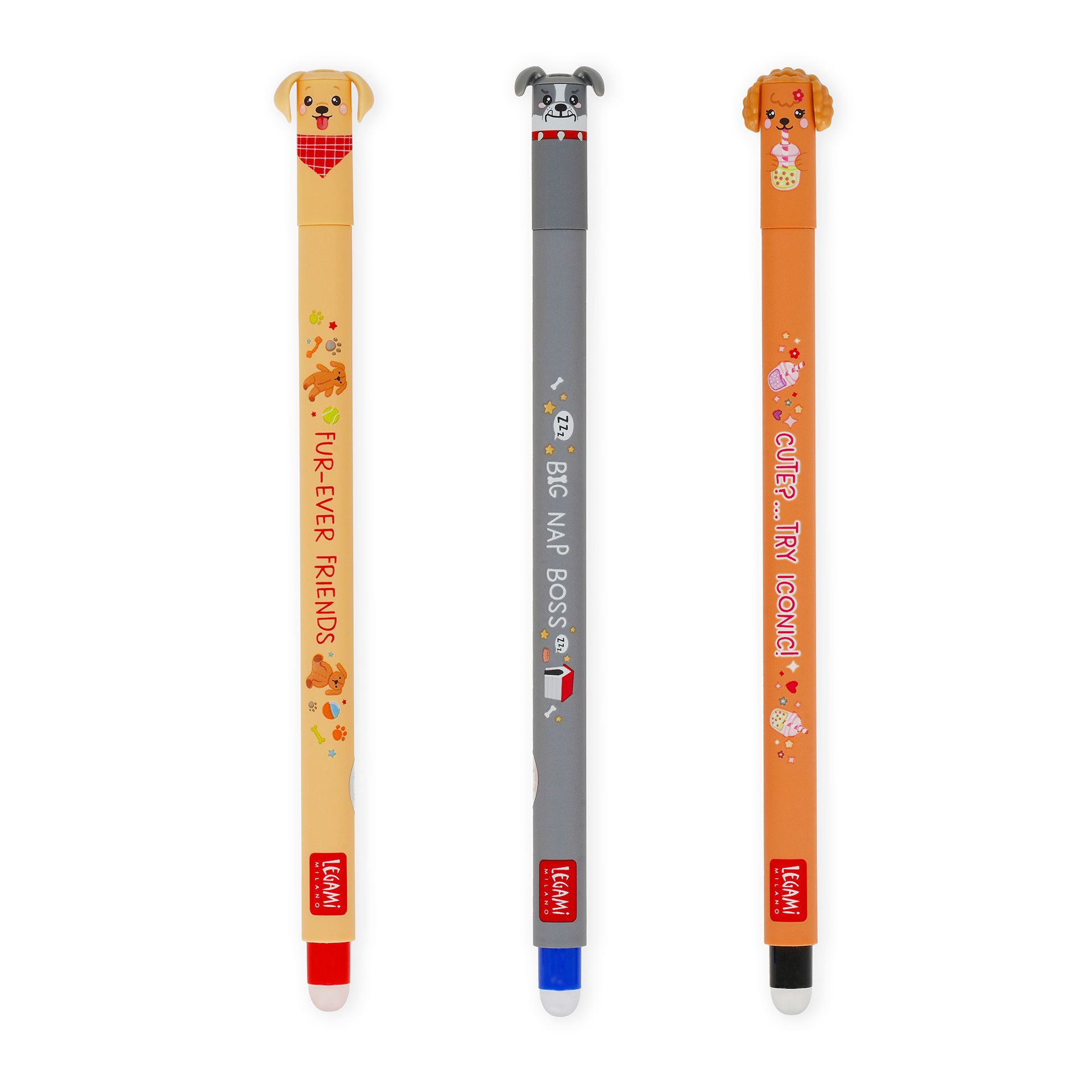 Stylo Legami Fur-ever Friends · Pack de 3 Golden retriever, bouledogue & caniche