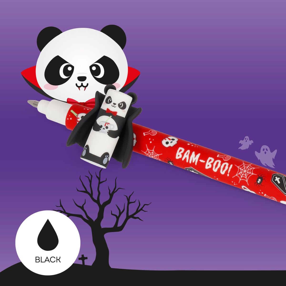 Stylo Legami Spooky Party · Bam-Boo! · Magic Panda vampire · Corps rouge et cape noire
