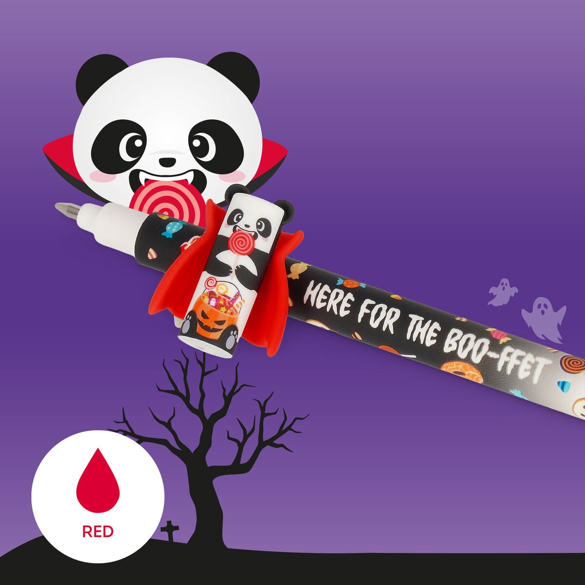 Stylo Legami Spooky Party · Here for the Boo-ffet Panda gourmand · Corps noir et cape rouge