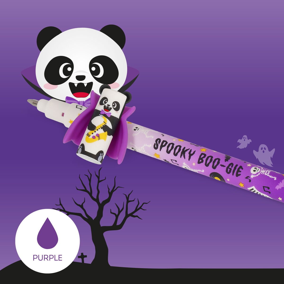 Stylo Legami Spooky Party · Spooky Boo-gie Panda violet · Cape violette