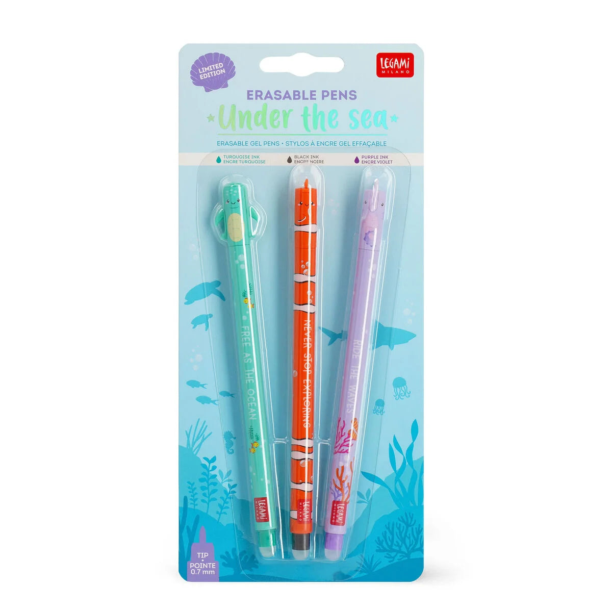 Stylo Legami Under the Sea 2024 · Pack de 3 Tortue, poisson-clown & hippocampe